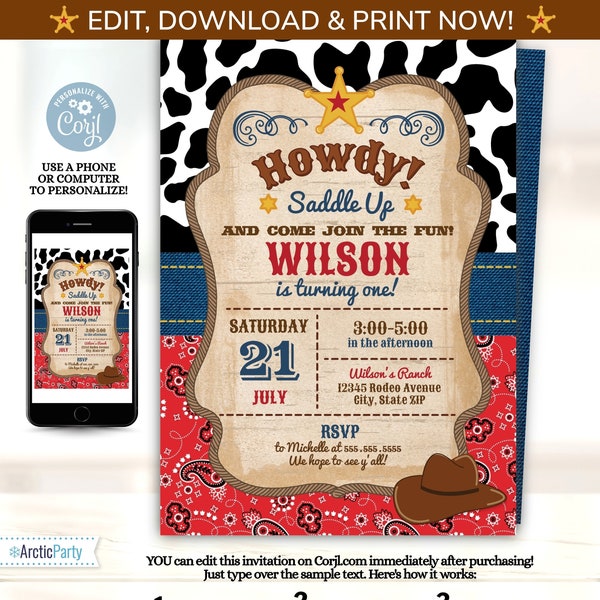 Cowboy Invitations - Western Invitations - Cowboy Party Invitations - Western Party Invitations - EDIT at home NOW! Cow boy Invitation