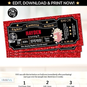 Movie Ticket Invitations - Movie Party Invitations - Hollywood Theme Party - Hollywood Party Invitations - INSTANT ACCESS! Edit NOW! Corjl