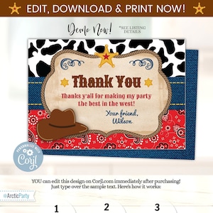Western Thank You Card Cowboy Thank You Card Western Invitation Cowboy