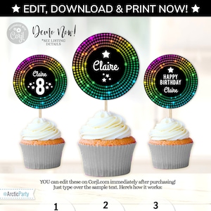 Dance Party Cupcake Toppers, Disco Party Cupcake Toppers, Dance Party Printables, Disco Stickers, Disco Favor Tags, Dance Party Favors