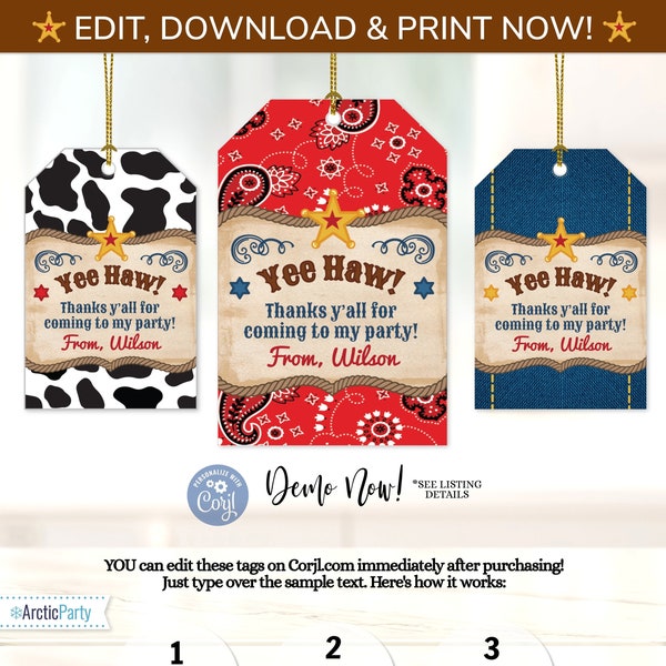 Western Favor Tags, Western Party Gift Tags, Printable Western Favor Tags - Western Party Favors - Western Birthday Supplies - Cowboy