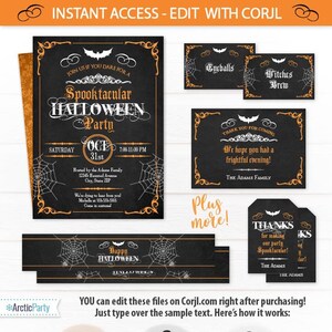 May include: A Halloween party invitation and coordinating stationery set. The invitation features a black background with orange accents, spiderwebs, and the text "Spooktacular Halloween Party." Additional cards include "Eyeballs," "Witches Brew," and thank you notes.