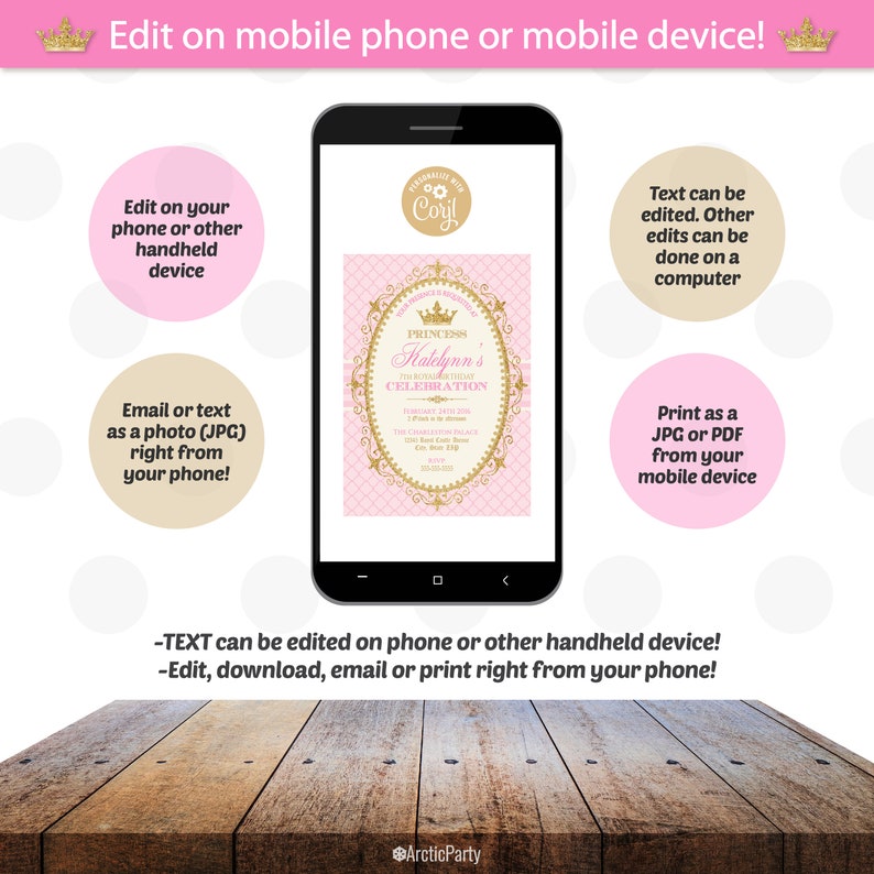 May include: A smartphone screen shows a pink and gold princess invitation. Text on the image reads: "Edit on mobile phone or mobile device!" and instructions for editing, downloading, emailing, or printing from a phone. The invitation design includes a crown and the words "Katelynn's Celebration."