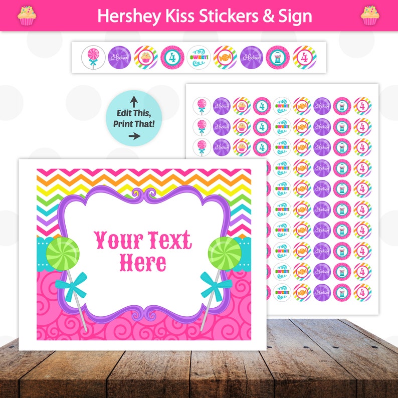 Puede incluir: Se&ntilde;al e pegatinas imprimibles con un tema de dulces en colores rosa, morado y turquesa. La se&ntilde;al tiene un patr&oacute;n de chevron y un marco con el texto "Your Text Here". Las pegatinas presentan una variedad de dise&ntilde;os, incluyendo piruletas, cupcakes y el n&uacute;mero "4".