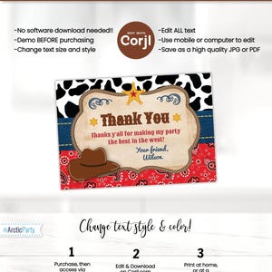 May include: A printable thank you card with a cowboy theme. The card features a red and white bandana pattern, a blue denim background, and a brown cowboy hat. The text on the card reads "Thank You" and "Thanks y'all for making my party the best in the west!" with the option to add a name.