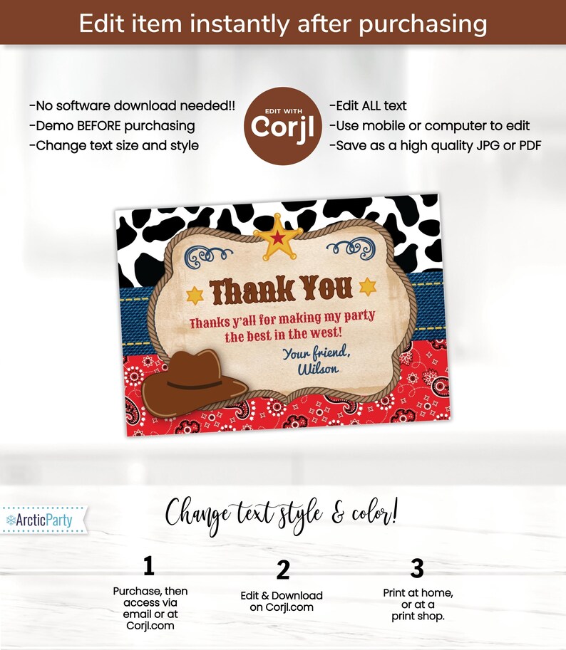 May include: A printable thank you card with a cowboy theme. The card features a red and white bandana pattern, a blue denim background, and a brown cowboy hat. The text on the card reads "Thank You" and "Thanks y'all for making my party the best in the west!" with the option to add a name.