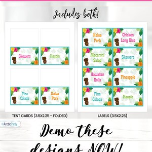 Peut inclure: Etiquettes et cartes de table imprimables pour un luau hawa&iuml;en. Les &eacute;tiquettes mesurent 3,5 pouces sur 2,25 pouces et les cartes de table mesurent 3,5 pouces sur 2,25 pouces une fois pli&eacute;es. Les &eacute;tiquettes pr&eacute;sentent un motif tropical avec des fleurs, des feuilles et une idole tiki. Les cartes de table pr&eacute;sentent le m&ecirc;me motif avec l'ajout d'un fond blanc pour &eacute;crire le nom de la nourriture. Les &eacute;tiquettes et les cartes de table sont disponibles en t&eacute;l&eacute;chargement et en impression.