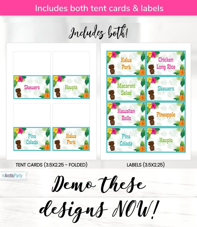 Peut inclure: Etiquettes et cartes de table imprimables pour un luau hawa&iuml;en. Les &eacute;tiquettes mesurent 3,5 pouces sur 2,25 pouces et les cartes de table mesurent 3,5 pouces sur 2,25 pouces une fois pli&eacute;es. Les &eacute;tiquettes pr&eacute;sentent un motif tropical avec des fleurs, des feuilles et une idole tiki. Les cartes de table pr&eacute;sentent le m&ecirc;me motif avec l'ajout d'un fond blanc pour &eacute;crire le nom de la nourriture. Les &eacute;tiquettes et les cartes de table sont disponibles en t&eacute;l&eacute;chargement et en impression.