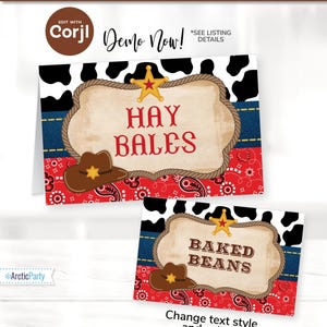 May include: Two printable food labels with a Western theme. The labels feature a red bandana pattern, a cowboy hat, a star, and a rope. The text on the labels reads "Hay Bales" and "Baked Beans".