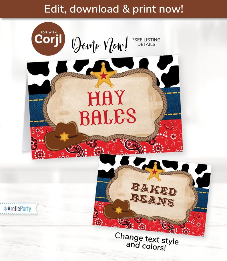 May include: Two printable food labels with a Western theme. The labels feature a red bandana pattern, a cowboy hat, a star, and a rope. The text on the labels reads "Hay Bales" and "Baked Beans".
