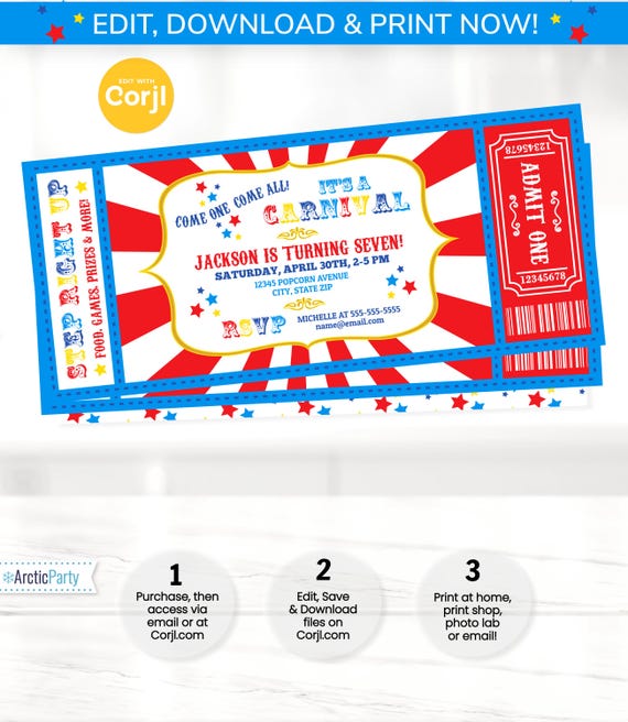 Carnival Invitations - Carnival Theme Party - Carnival Birthday Invitation - Carnival Ticket - Carnival Party - INSTANT ACCESS - Edit NOW!