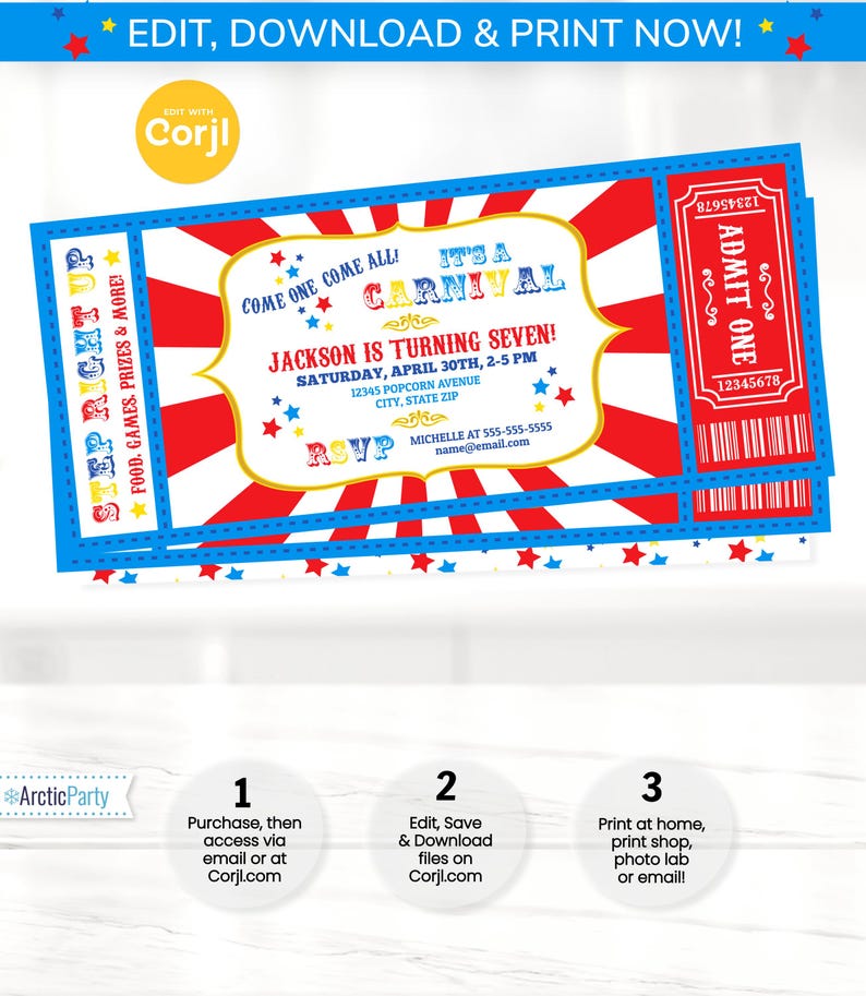 Carnival Invitations - Carnival Theme Party - Carnival Birthday Invitation - Carnival Ticket - Carnival Party - INSTANT ACCESS - Edit NOW! image 1