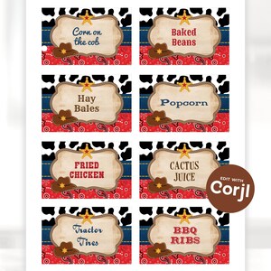 May include: Eight printable food labels with a western theme. The labels feature a red and white bandana pattern, a cow print pattern, and a blue and white denim pattern. The labels have text that reads: "Corn on the cob", "Baked Beans", "Hay Bales", "Popcorn", "Fried Chicken", "Cactus Juice", "Tractor Tires", and "BBQ Ribs".
