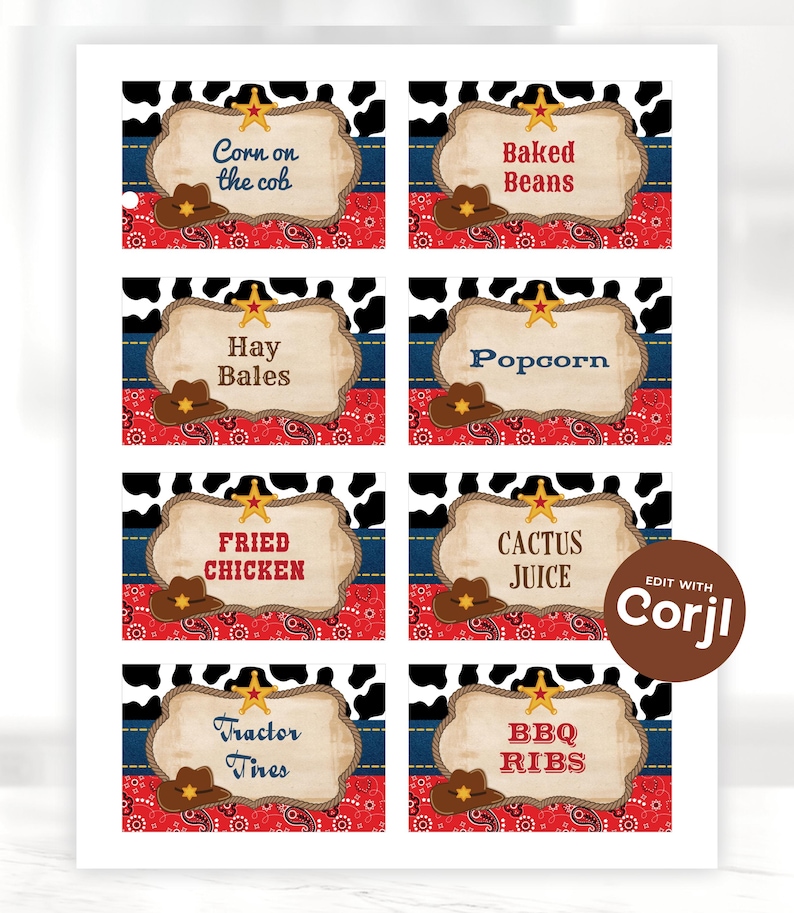 May include: Eight printable food labels with a western theme. The labels feature a red and white bandana pattern, a cow print pattern, and a blue and white denim pattern. The labels have text that reads: "Corn on the cob", "Baked Beans", "Hay Bales", "Popcorn", "Fried Chicken", "Cactus Juice", "Tractor Tires", and "BBQ Ribs".