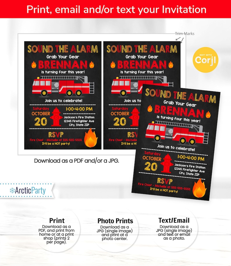 K&ouml;nnte beinhalten: Geburtstagseinladung zum Thema Feuerwehr mit einem roten Feuerwehrauto, Flammen und dem Text "Sound the Alarm, Grab Your Gear, Brennan is turning four this year!"  Feiern Sie mit uns! Samstag, 20. Oktober, 13:00-16:00 Uhr, Feuerwehrstation Jackson, 12345 Firefighter Ave, Stadt, Bundesstaat ZIP. RSVP, Feuerwehrchef - Michelle unter 555-555-5555, Es wird eine hei&szlig;e Party!