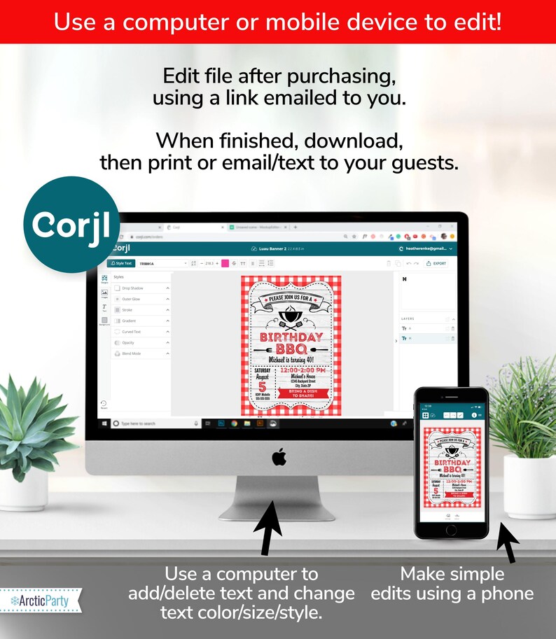 May include: A computer screen and a smartphone displaying a red and white birthday BBQ invitation with a checkered pattern. The text on the invitation reads "Please join us for a Birthday BBQ".