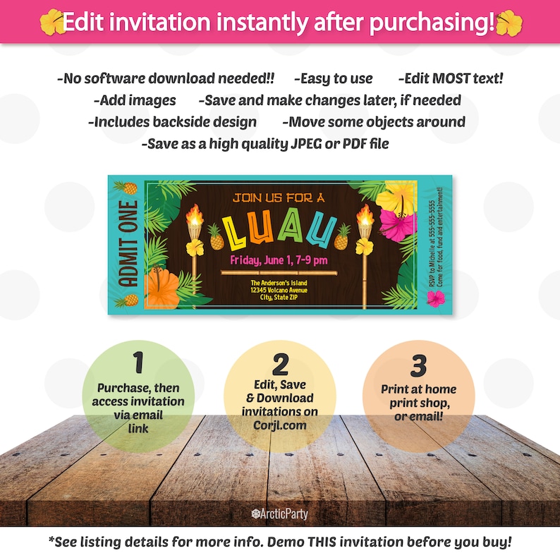 Luau Ticket Invitation Luau Party Invitations Summer Party Etsy