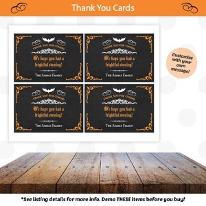 May include: Four black Halloween-themed thank you cards with orange and white accents. Each card has a bat, decorative borders, and the text "Thank You For Coming, We hope you had a frightful evening!" and "The Adams Family."