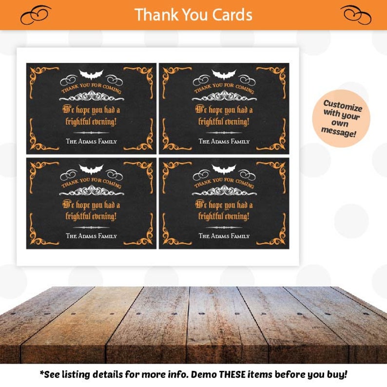 May include: Four black Halloween-themed thank you cards with orange and white accents. Each card has a bat, decorative borders, and the text "Thank You For Coming, We hope you had a frightful evening!" and "The Adams Family."