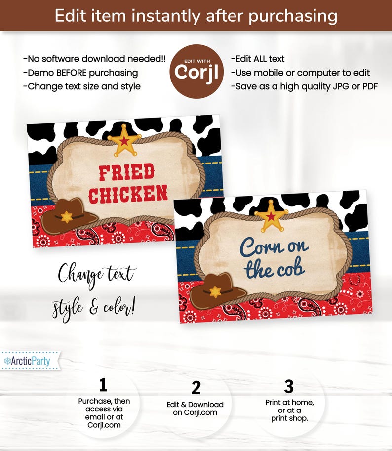 May include: Two printable food labels with a western theme. The first label has a red bandana, a cowboy hat, and the text "Fried Chicken". The second label has a red bandana, a cowboy hat, and the text "Corn on the cob".