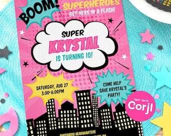 May include: A rectangular birthday invitation card featuring a pink comic book style background with a black city skyline at the bottom. The text reads BOOM! CALLING ALL SUPERHEROES, SUPER KRYSTAL IS TURNING 10!, and includes party details.