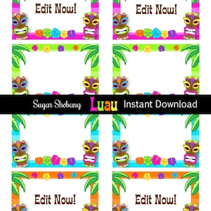 May include: Eight printable luau party favor tags with a tiki head border. The tags are decorated with colorful stripes, palm trees, and flowers. The text "Edit Now!" appears on four of the tags.