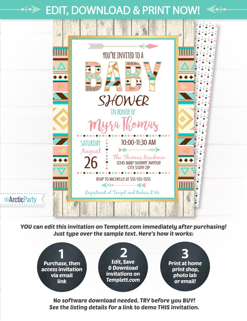 Tribal Baby Shower Invitation, Aztec Baby Shower Invitation, Baby Shower Invitation, Native American Baby Shower INSTANT ACCESS Edit NOW image 1