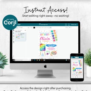 May include: A computer monitor and a smartphone displaying an editable art party invitation template. The invitation features colorful paint splatters, a palette, and text reading "Come make a mess at our ART PARTY Olivia is turning ten!" with event details.