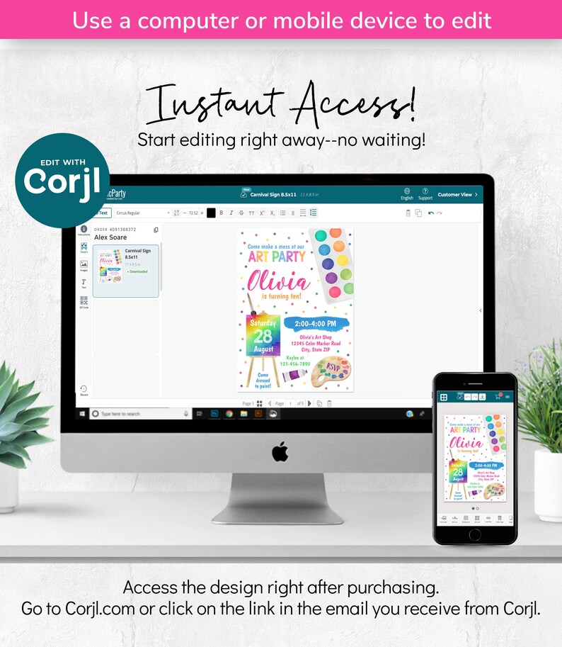 May include: A computer monitor and a smartphone displaying an editable art party invitation template. The invitation features colorful paint splatters, a palette, and text reading "Come make a mess at our ART PARTY Olivia is turning ten!" with event details.