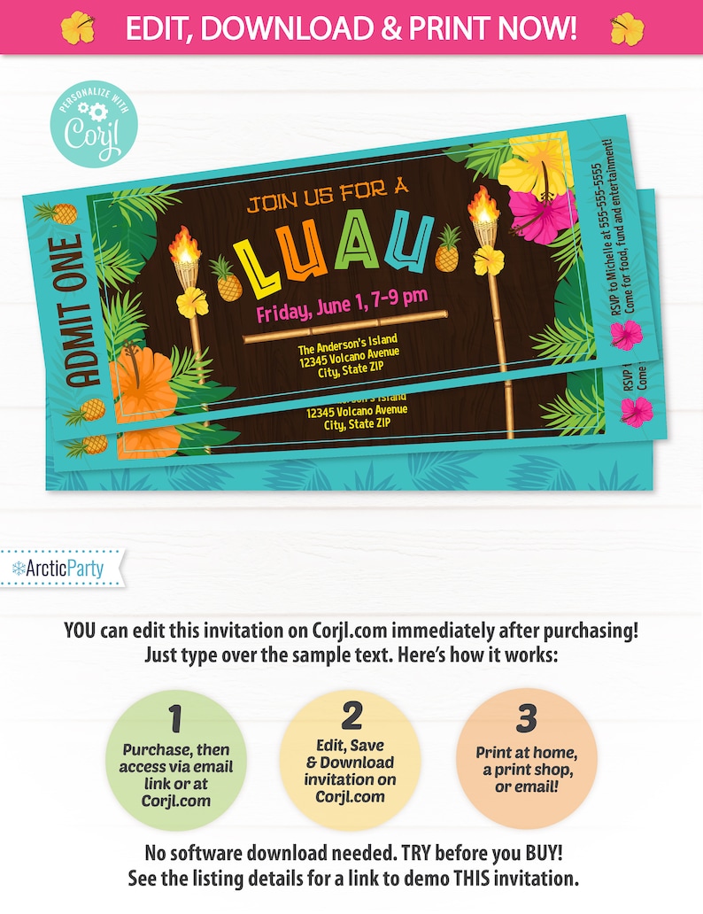 Luau Ticket Invitation Luau Party Invitations Summer Party  Etsy