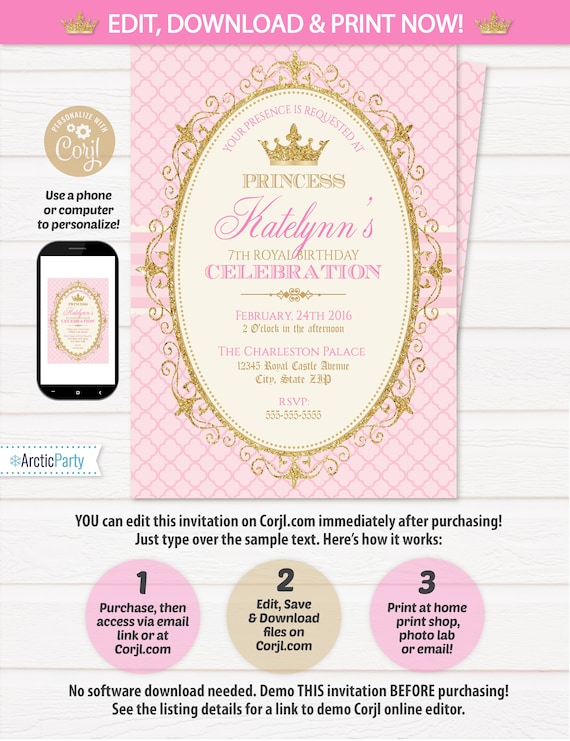 Princess Invitations - Princess Birthday Party Invitations - Princess Party Invitations - INSTANT Access! Edit NOW! Princess Theme Party
