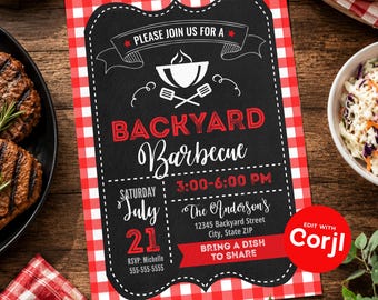 Backyard BBQ Birthday Invitation – Chalkboard Style, Edit with Corjl (Digital or Printed)