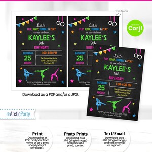 Peut inclure: Une invitation imprimable pour une f&ecirc;te d'anniversaire de 9 ans pour une fille. L'invitation pr&eacute;sente un fond de tableau noir avec des &eacute;toiles color&eacute;es, des drapeaux et du mat&eacute;riel de gymnastique. Le texte indique "Let's Flip, Jump, Tumble & Play as we celebrate Kaylee's 9th Birthday!" L'invitation comprend la date, l'heure et le lieu de la f&ecirc;te.