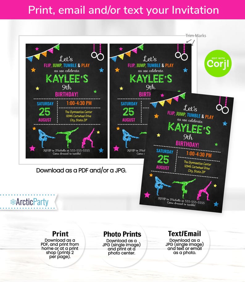Peut inclure: Une invitation imprimable pour une f&ecirc;te d'anniversaire de 9 ans pour une fille. L'invitation pr&eacute;sente un fond de tableau noir avec des &eacute;toiles color&eacute;es, des drapeaux et du mat&eacute;riel de gymnastique. Le texte indique "Let's Flip, Jump, Tumble & Play as we celebrate Kaylee's 9th Birthday!" L'invitation comprend la date, l'heure et le lieu de la f&ecirc;te.