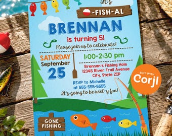 May include: A light blue birthday invitation card featuring a fishing theme with colorful fish, a wooden sign reading It's FISH-AL, and text stating Brennan is turning 5, Saturday September 25, 1:00-2:30 pm, and RSVP details with a fishing rod graphic.