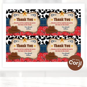 May include: Four printable thank you tags with a cowboy theme. Each tag features a brown cowboy hat, a red bandana, a blue denim background, and a cowhide pattern. The text on the tags reads "Thank You" and "Thanks y'all for making my party the best in the west! Your friend, Wilson."