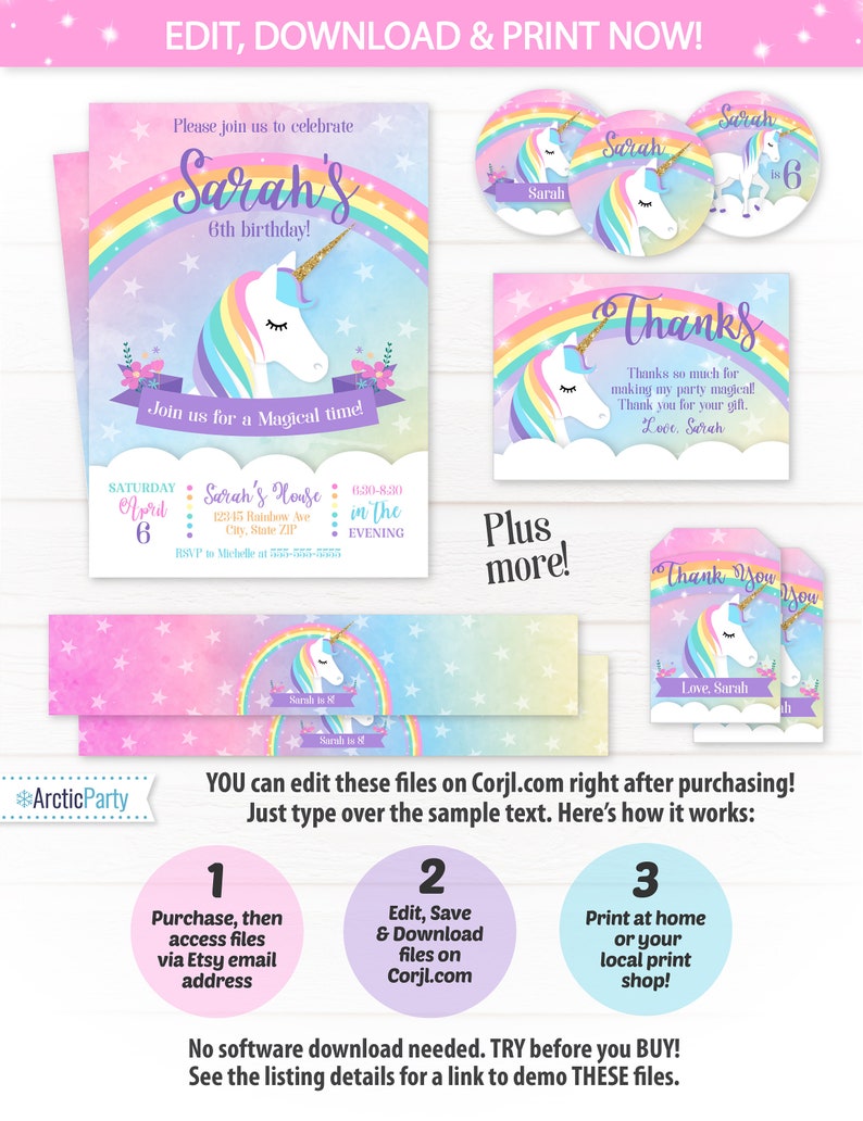 May include: Printable unicorn-themed party invitation with a rainbow, stars, and the text "Sarah's 6th birthday!"  The invitation includes a unicorn with a gold horn and a pink, blue, and purple mane.  The invitation also includes a thank you card with a unicorn and the text "Thanks so much for making my party magical! Thank you for your gift. Love, Sarah."