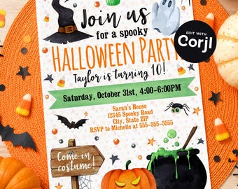 Halloween Party Invitations, Halloween Birthday Invitations, Halloween Witch (Digital or Physical)
