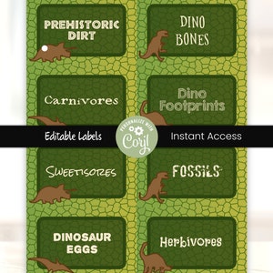 May include: Printable dinosaur party labels with green and yellow backgrounds. The labels feature different dinosaur-themed words like "Prehistoric Dirt", "Dino Bones", "Carnivores", "Dino Footprints", "Sweetisore", "Fossils", "Dinosaur Eggs", and "Herbivores".