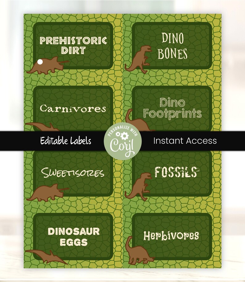 May include: Printable dinosaur party labels with green and yellow backgrounds. The labels feature different dinosaur-themed words like "Prehistoric Dirt", "Dino Bones", "Carnivores", "Dino Footprints", "Sweetisore", "Fossils", "Dinosaur Eggs", and "Herbivores".