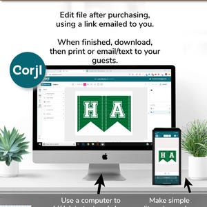 May include: A computer screen and a phone screen showing a green and white banner with the letters "HA" on it. The text on the computer screen says "Use a computer to add/delete text and change text color/size/style." The text on the phone screen says "Make simple edits using a phone".