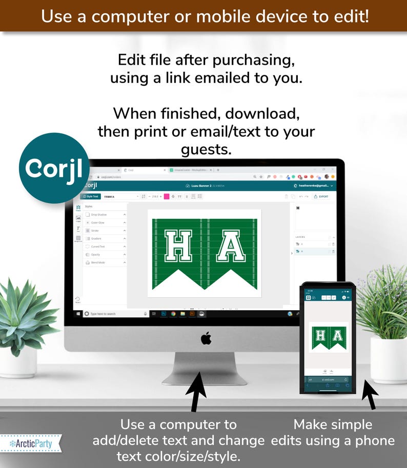 May include: A computer screen and a phone screen showing a green and white banner with the letters "HA" on it. The text on the computer screen says "Use a computer to add/delete text and change text color/size/style." The text on the phone screen says "Make simple edits using a phone".