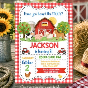 May include: A rectangular birthday invitation card with a red and white gingham border. The center features a red barn, a cow, a pig, a sheep, a horse, a chicken, and a chick. Text includes Have you heard the MOOS?, JACKSON is turning 2!, and event details.