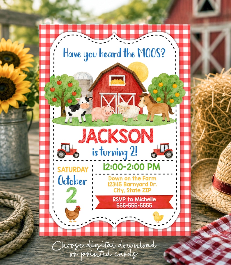 May include: A rectangular birthday invitation card with a red and white gingham border. The center features a red barn, a cow, a pig, a sheep, a horse, a chicken, and a chick. Text includes Have you heard the MOOS?, JACKSON is turning 2!, and event details.