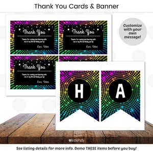 May include: A set of three thank you cards with a rainbow disco ball design. The cards say "Thank You" and have the text "Thanks for coming and dancing with me at my 6th birthday party! Love, Tatum". A banner with the letters "H" and "A" in white circles on a rainbow disco ball background.