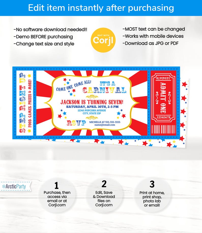 Carnival Invitations - Carnival Theme Party - Carnival Birthday Invitation - Carnival Ticket - Carnival Party - INSTANT ACCESS - Edit NOW! image 2