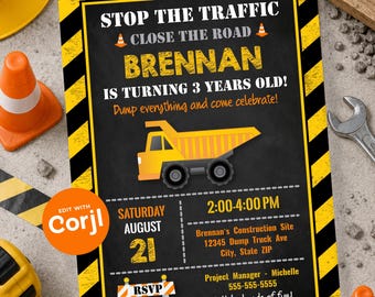 Construction Birthday Invitation – Dump Truck Party Invite (Digital or Printed)