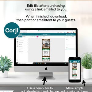 May include: A computer screen and a smartphone display a digital invitation template for a football-themed birthday party. The invitation is a ticket-style design with a brown and green colour scheme. The text on the invitation reads "Landon is turning 10".