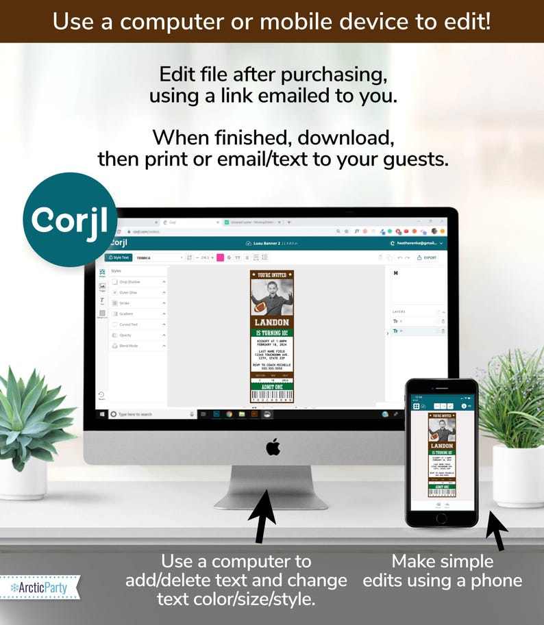 May include: A computer screen and a smartphone display a digital invitation template for a football-themed birthday party. The invitation is a ticket-style design with a brown and green colour scheme. The text on the invitation reads "Landon is turning 10".