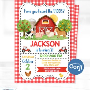 May include: A rectangular birthday invitation card with a red and white gingham border. The design features a red barn, a cow, a pig, a sheep, a horse, a chicken, and a chick. Text includes Have you heard the MOOS?, JACKSON is turning 2!, and event details.